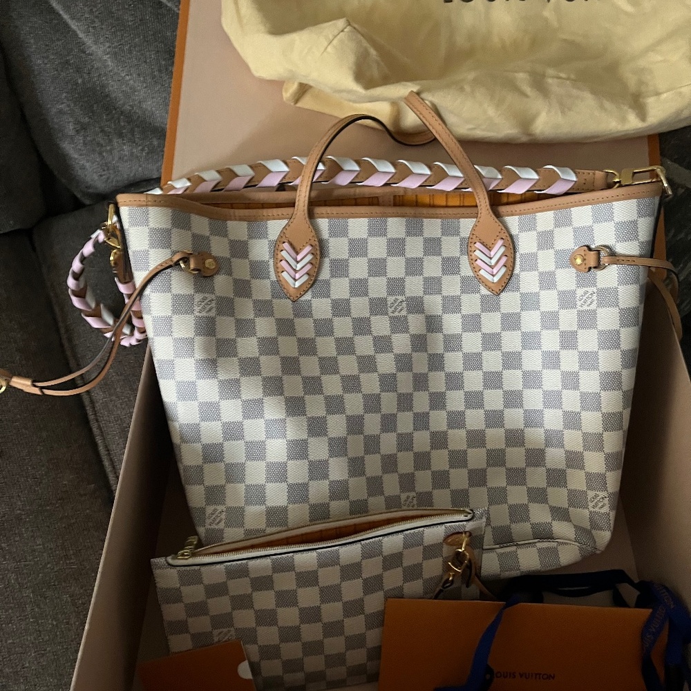 LOUIS VUITTON Damier Azur Braided Neverfull MM Orange